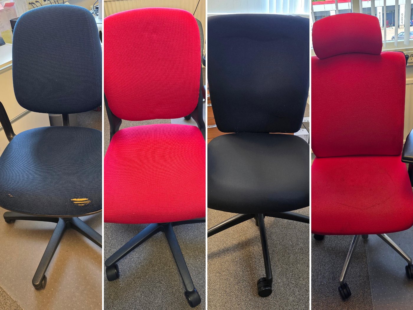 Vier versleten kantoorstoelen voor het herstofferen